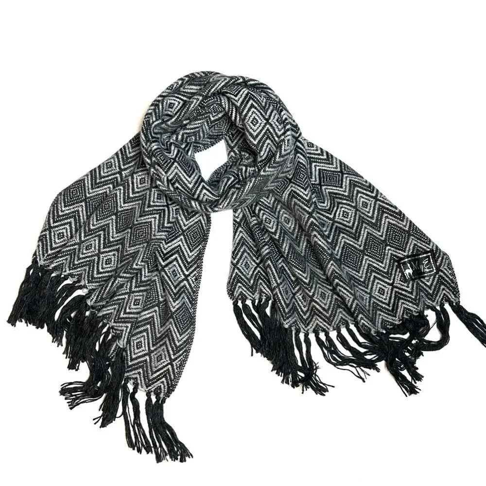 MyE Baby Alpaca Large Scarf Wrap Gray Charcoal Zigzags Fringes Men's Women's